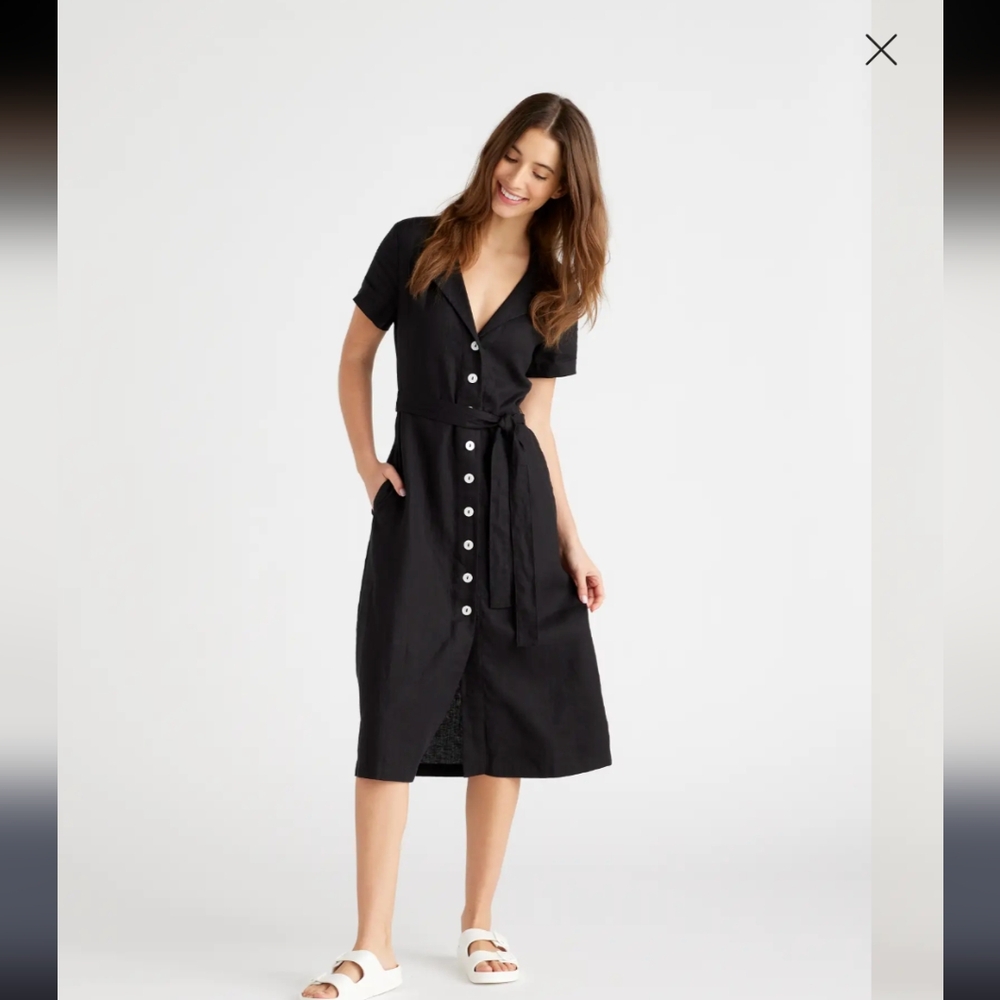 Quince Women Black organic Linen Button Front Dress Midi Short Sleeve medium